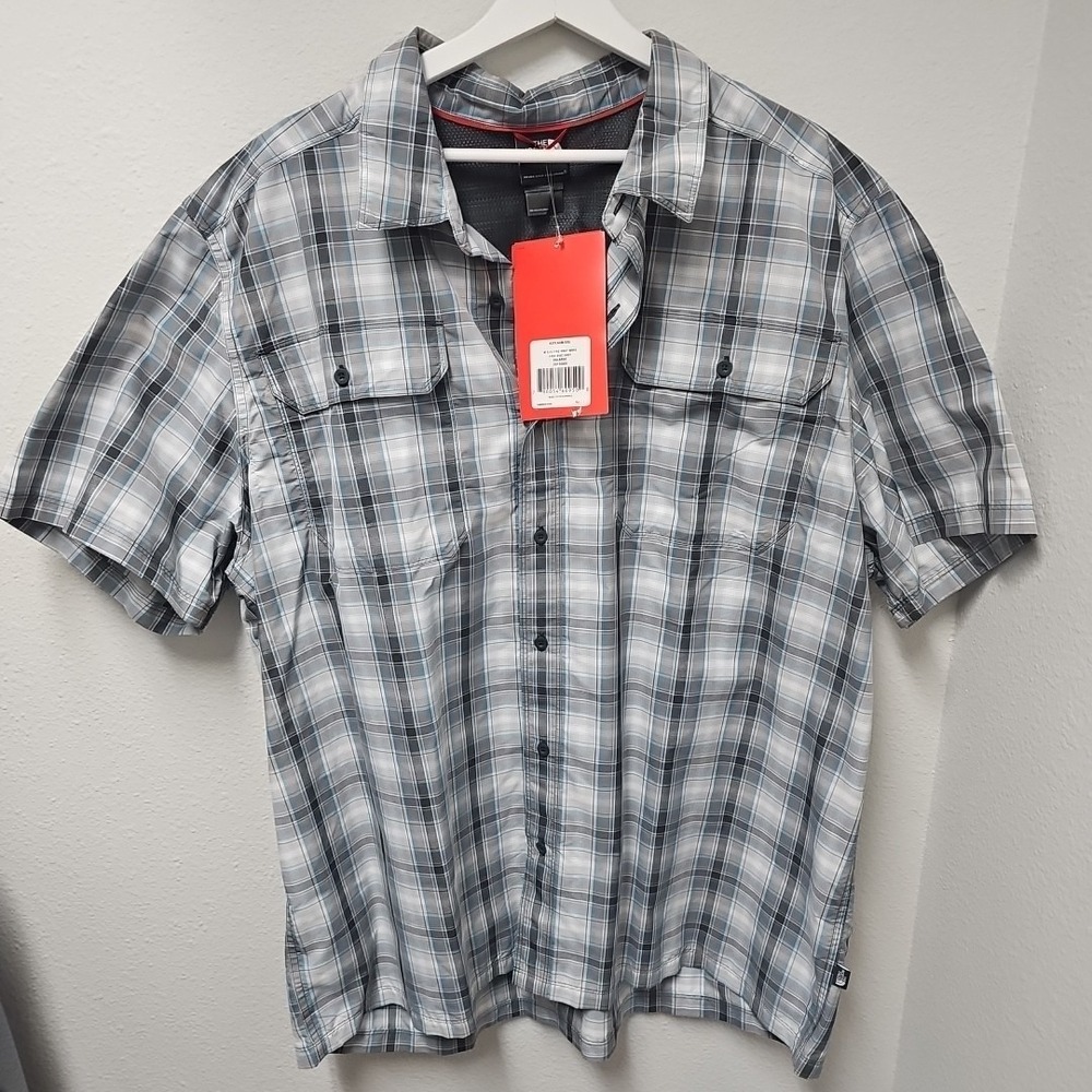 The North Face Shirt Mens XXL Pine Knot Grey Woven Plaid‎ Button Up Short Sleeve